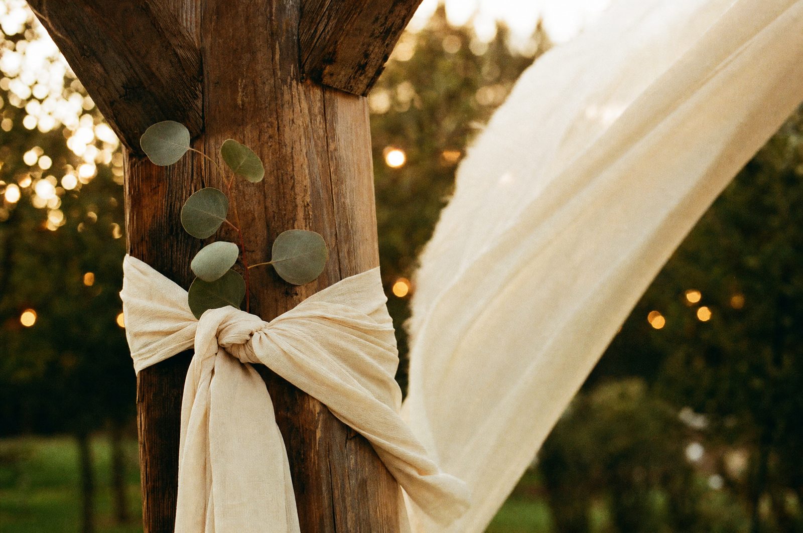 Ivory chiffon knotted twice around a rough wooden arch post, wind lifting it