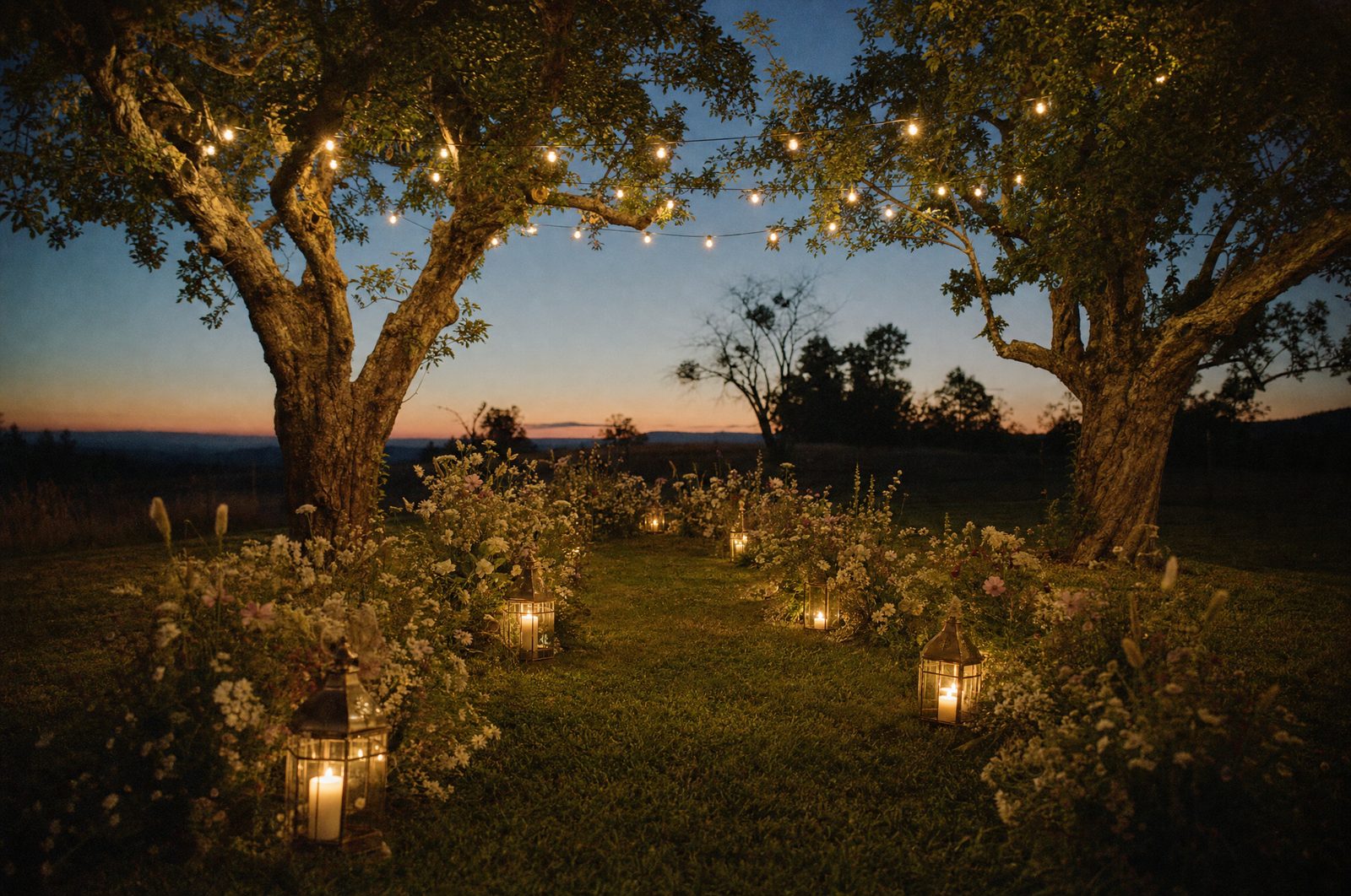 A ceremony with no arch: two apple trees, a wildflower runner and lanterns