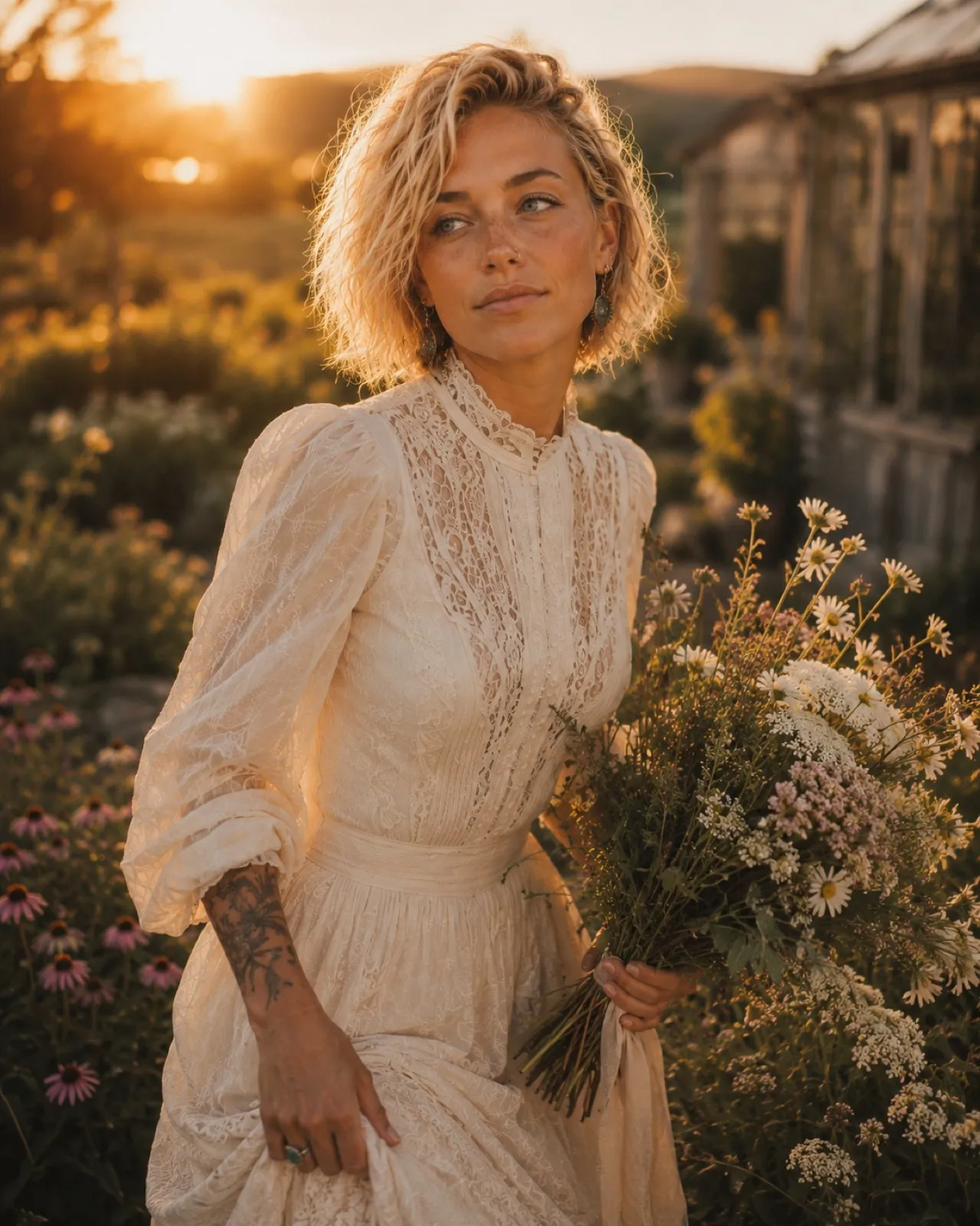 Wildflower bouquet at golden hour