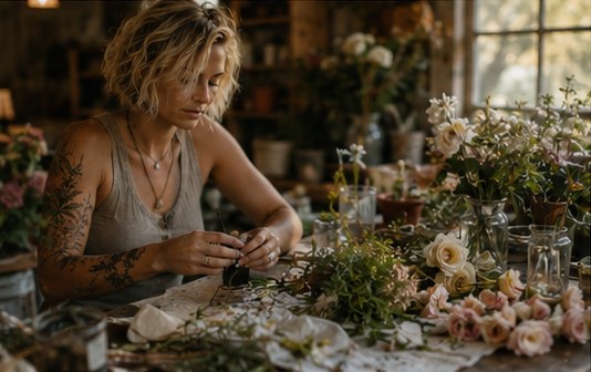 Ana at the workroom table with lace and roses