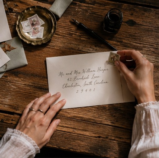 Hands addressing a wedding envelope