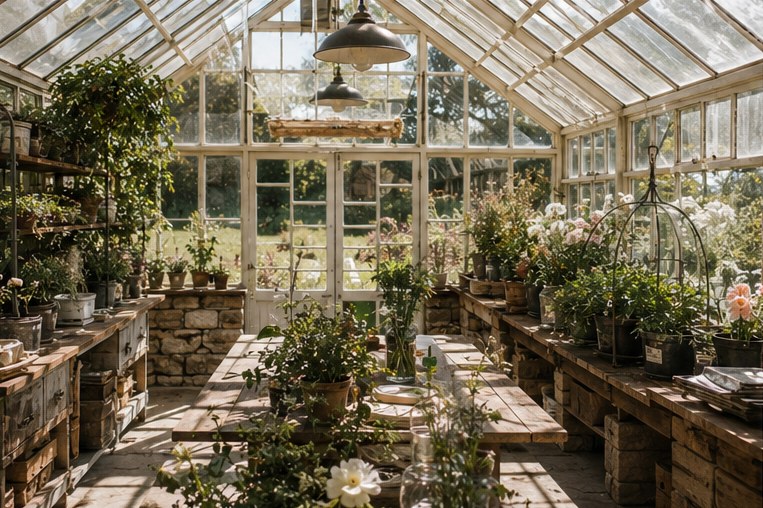 Inside the glasshouse, lamps hung from the ridge