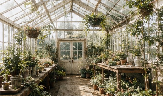 Morning sun through the glasshouse panes