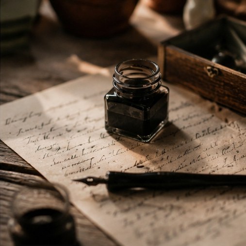 An old handwritten letter and ink bottle