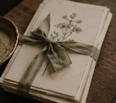 A ribbon-tied stack of invitations