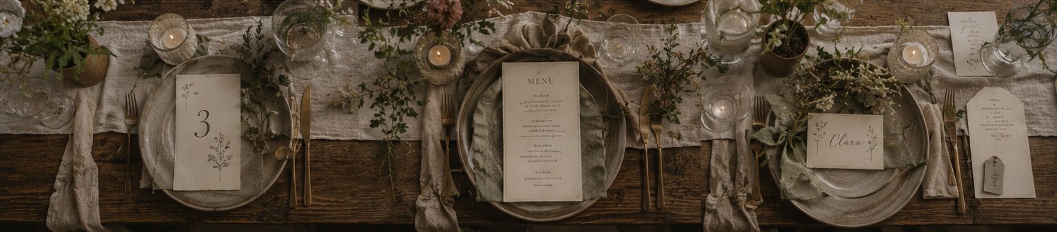 The long table set with menus, candles and wildflowers