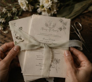 Hands tying ribbon around printed invitations