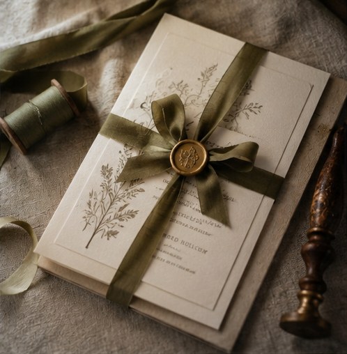 The Vine suite tied in olive ribbon with a wax seal