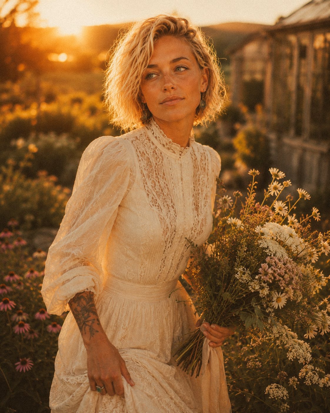 Ana at sunset with a gathered wildflower bouquet