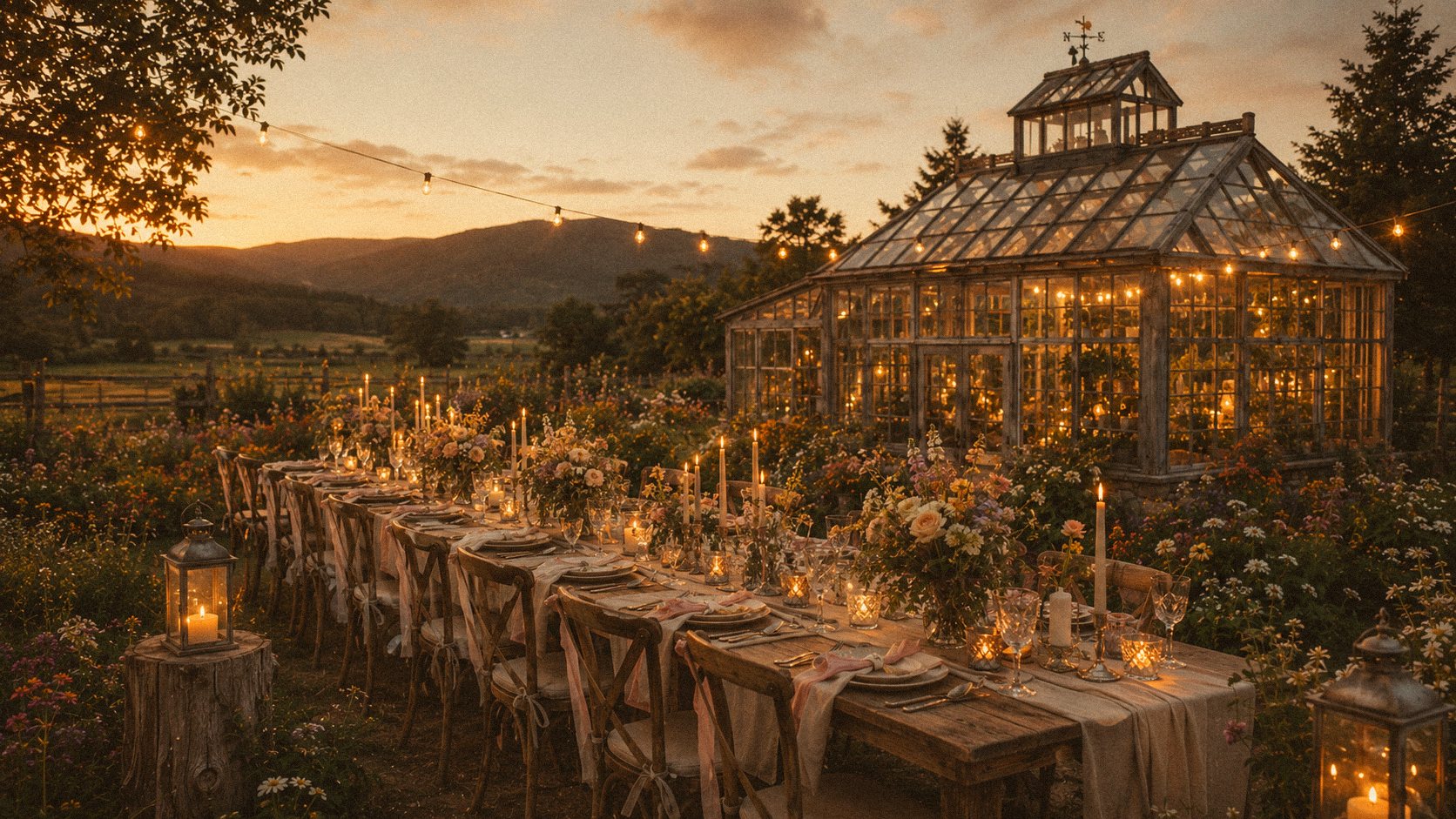 A long candlelit wedding table in the garden at golden hour