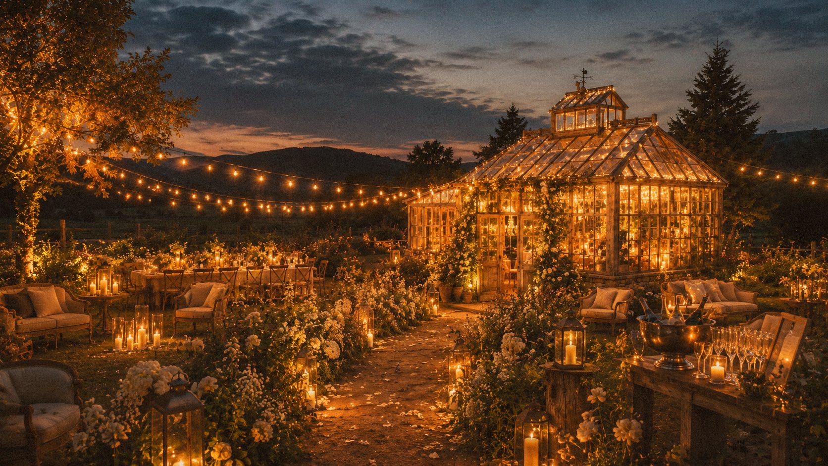 The glasshouse glowing at night under string lights