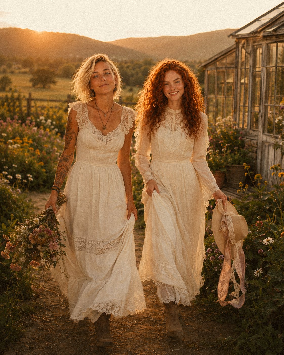Ana and Sam walking together through the garden at sunset