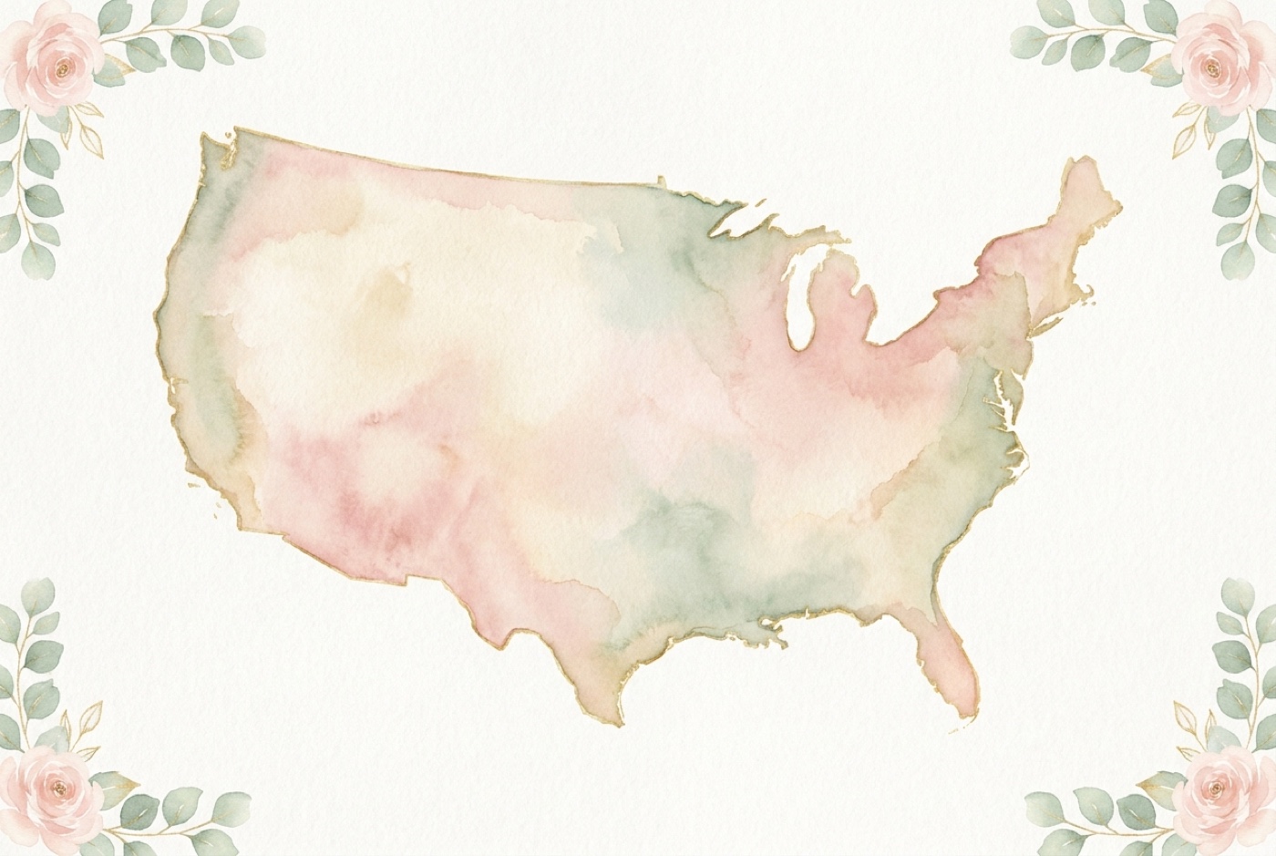 A watercolor map of the United States, edged in roses and eucalyptus