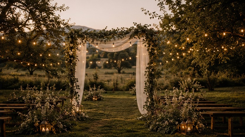 The orchard ceremony arch from the aisle, before the chairs fill
