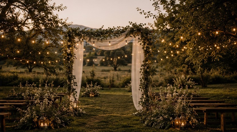 Outdoor orchard wedding ceremony arch, itemized
