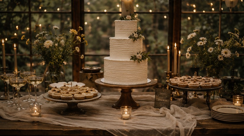 The rustic wedding dessert table in the glasshouse, second angle