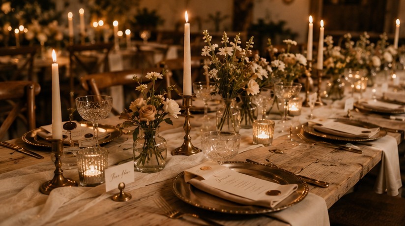 Candlelit barn wedding reception table, itemized